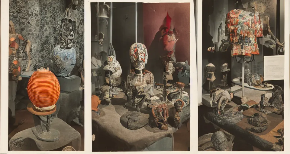 Image similar to A three color offset photography of objects on display, anthropology of wonder, exotic artifacts, weird devices, exhibition, 60s style