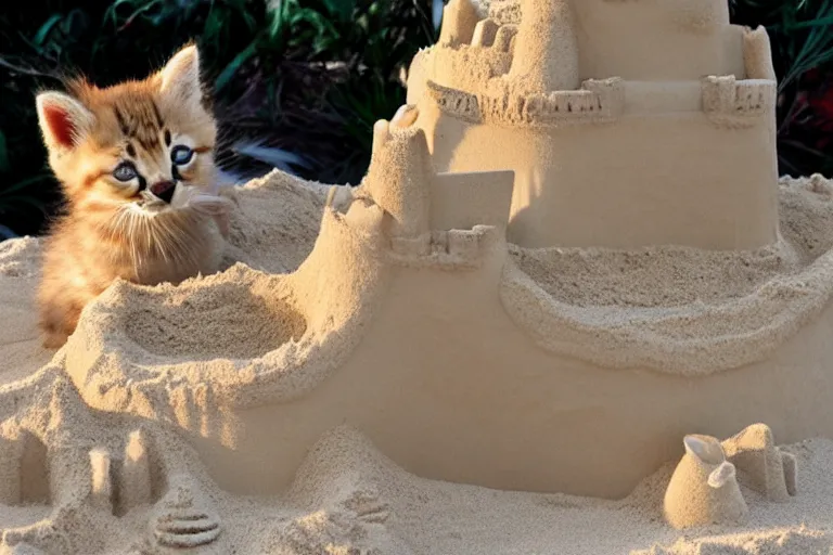 Image similar to kittens touching a sand castle