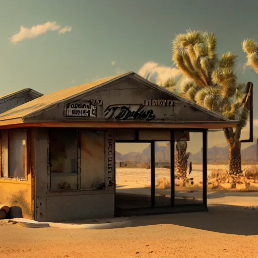 Image similar to abandoned diner in the desert by jon mccoy, sunset, cinematic, cinematic lighting, photorealistic, hyperdetailed 3 d matte painting, iridescent, deviantart, trending on artstation, concept art