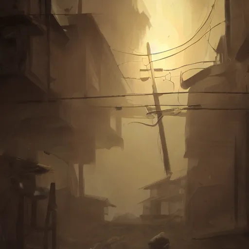 Prompt: this place is truly horrid and the atmosphere is stuffy the town lights are flickering and the place looks horrible, trending on artstation,