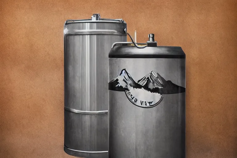 Image similar to a beer keg with mountain views, digital art