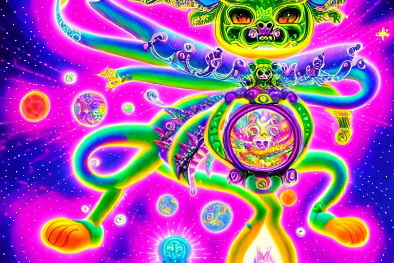 Image similar to lisa frank illustration of rebulon the cute ancient demon, by lisa frank, masterpiece concept art, 8 k, intricate detail, cinematic lighting, epic pose, bright colors