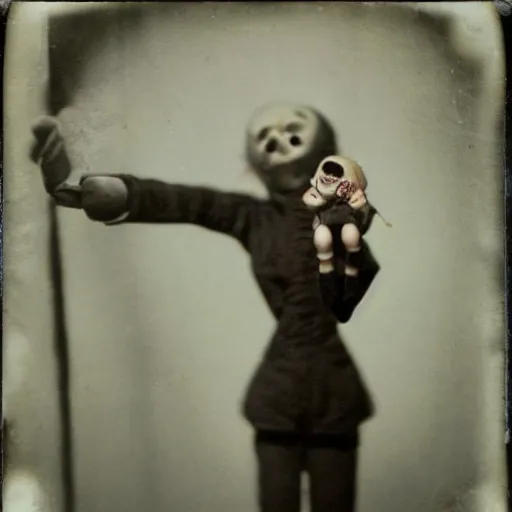 Image similar to female, unnerving, eerie, creepy marionette puppet, horrific, unnerving, clockwork horror, pediophobia, lost photograph, dark, forgotten, final photo found before disaster, polaroid,