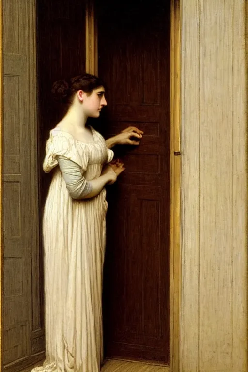 Image similar to lady in thought by auguste toulmouche and bouguereau, perfect detailed eyes, pale skin, blonde hair, leaning on door