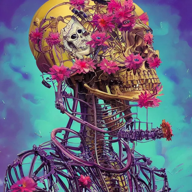 Prompt: a beautiful portrait painting of a ( cyberpunk ) steel skeleton covered with flowers by simon stalenhag and pascal blanche and alphonse mucha!! and nekro and josan gonzalez. in style of digital art. colorful comic, film noirs, symmetry, brush stroke, vibrating colors, hyper detailed. octane render. trending on artstation