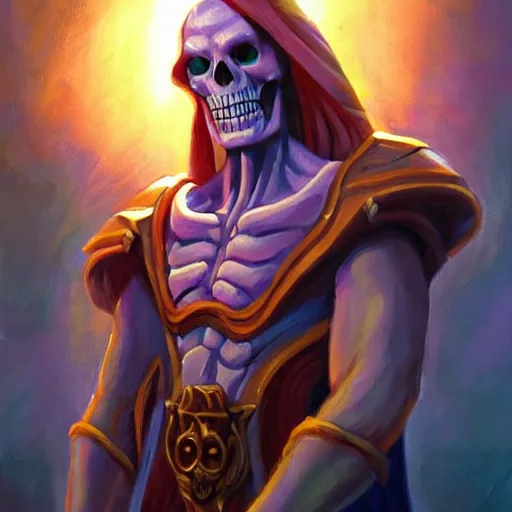 Image similar to portrait painting of skeletor, dnd beyond avatar portraits, beautiful, artistic, elegant, lens flare, magical, nature, realism, stylized, art by jeff easley and genndy tartakovsky