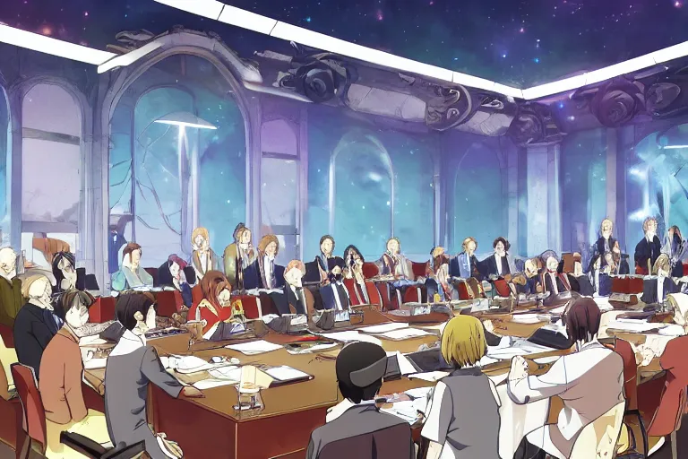 Image similar to cell shaded anime key visual of a fantasy federation council meeting with important local rulers in the style of studio ghibli, moebius, makoto shinkai, dramatic lighting