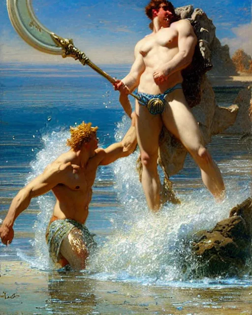 Image similar to attractive god neptune splashing water on handsome god poseidon during low tide at the beach, painting by gaston bussiere, craig mullins, j. c. leyendecker,