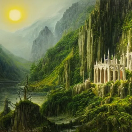 Image similar to A beautiful and highly detailed oil painting of an elven temple in the mountains, detailed trees and cliffs, intricate details, rivendell, 8k, sharp focus, hyper realism, by Caspar Friedrich,