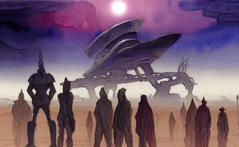 Image similar to a hyperrealist watercolour character concept art portrait of a tall elegant lovecraftian alien on a misty night in the desert. a small group of middle eastern men are watching from the foreground. a battlecruiser starship is in the background. by rebecca guay, michael kaluta, charles vess and jean moebius giraud