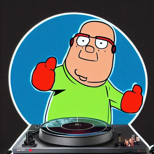 Image similar to svg sticker of a Family-Guy Peter-Griffin at a rave, spinning records, giant headphones rocking out, wearing headphones, huge speakers, dancing, rave, DJ, spinning records, digital art, amazing composition, rule-of-thirds, award-winning, trending on artstation, featured on deviantart