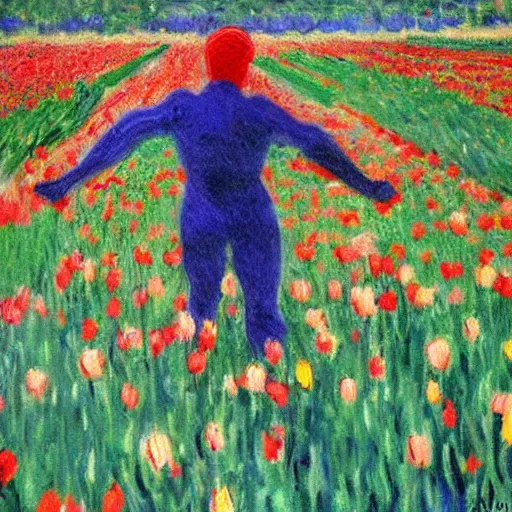 Image similar to Monet painting of Spiderman in a field of roses and tulips, back turned