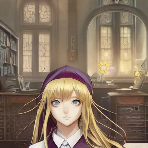 Prompt: blonde anime woman with long hair, wearing headmistress uniform, sophisticated young woman, ultraterrestrial woman, sitting in dean's office, ornate designs on desk, sharp details, subsurface scattering, intricate details, art by artgerm, greg rutkowski, hd wallpaper, 2 0 1 9 anime screenshot