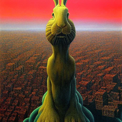 Image similar to a giant rabbit stands over a city painting by beksinski, by larry elmore, dali and barlowe colors. masterpiece painting