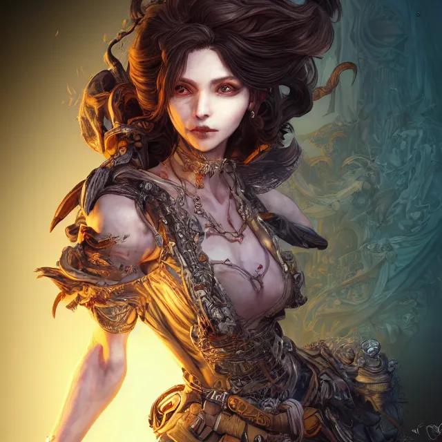 Image similar to the portrait of chaotic neutral female rogue as absurdly beautiful, gorgeous, elegant, innocent young woman, an ultrafine hyperdetailed illustration by kim jung gi, irakli nadar, intricate linework, bright colors, octopath traveler, final fantasy, unreal engine 5 highly rendered, global illumination, radiant light, detailed and intricate environment
