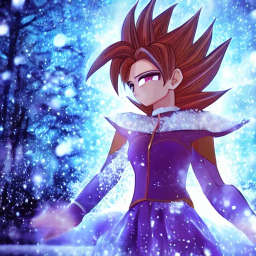 Image similar to portrait focus of Super Saiyan beautiful 3D anime girl!!! Frozen ice!! dark forest background, snowing, bokeh, inspired by Masami Kurumada, digital painting, high contrast, unreal engine render, volumetric lighting, high détail