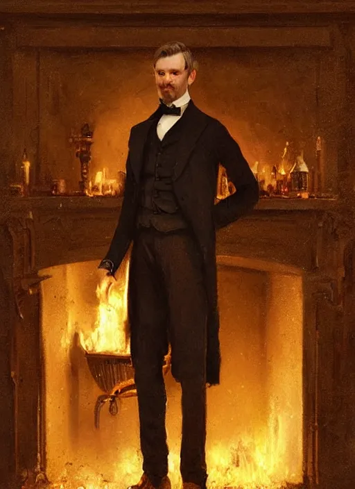 Prompt: portrait of a victorian gentleman standing beside a fireplace, male, detailed face, victorian, highly detailed, cinematic lighting, digital art painting by greg rutkowski