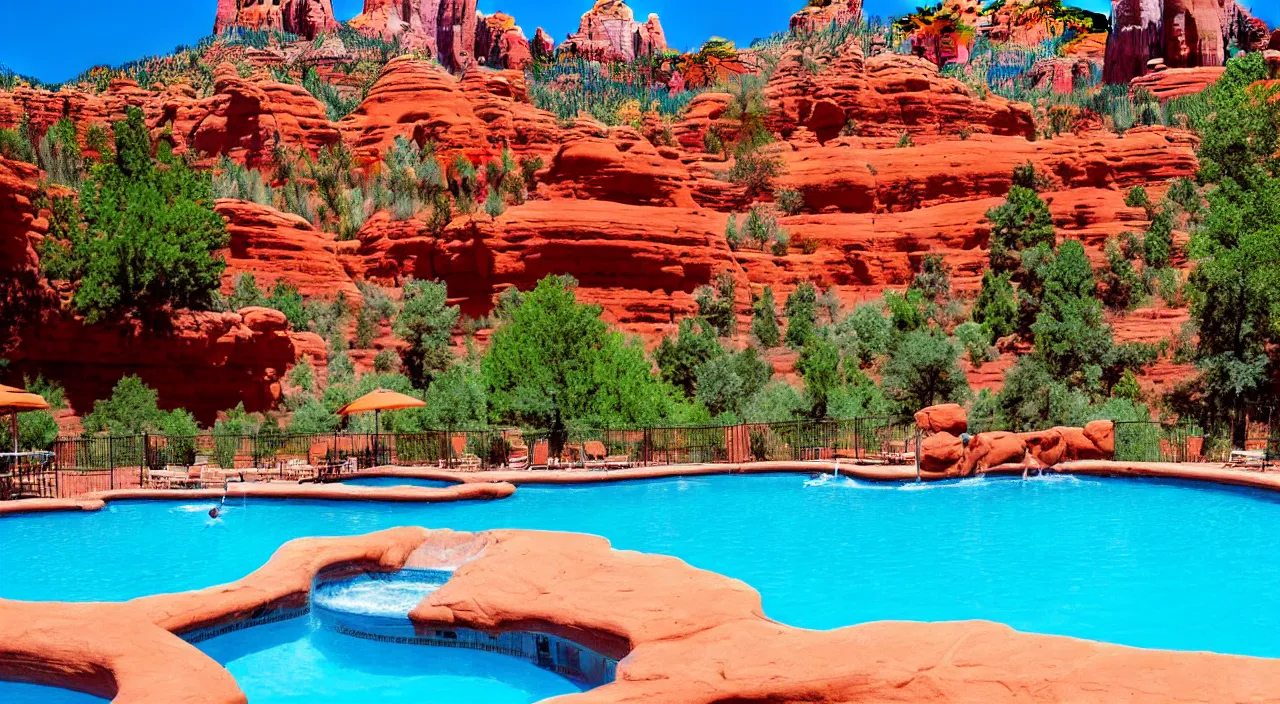 Image similar to a beautiful day in Sedona by a pool,colorised,photograph