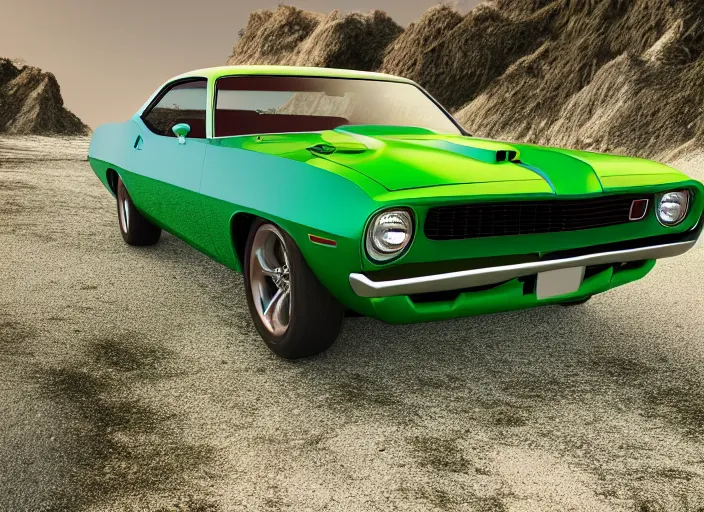 Image similar to hyperrealism, detailed textures, photorealistic 3 d render, a dreamy beach in cuba, a 1 9 7 0 hemi cuda with mopar green colour scheme, sharp focus, ultra realistic, ultra high pixel detail, cinematic, intricate, cinematic light, concept art, illustration, art station, unreal engine 8 k