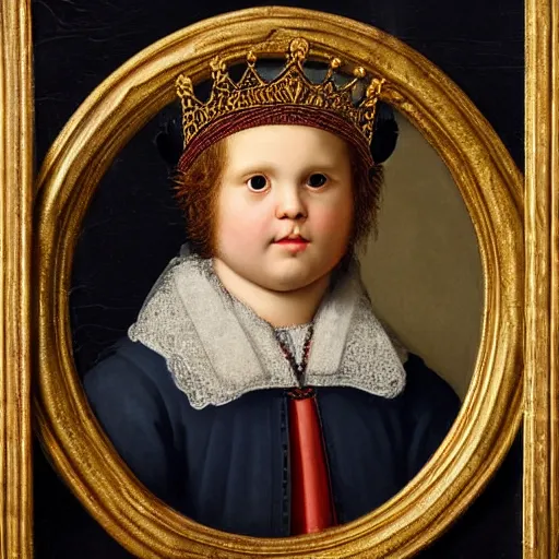 Image similar to a renaissance style portrait painting of a scottish fold cat, wearing a crown and cape, dark background