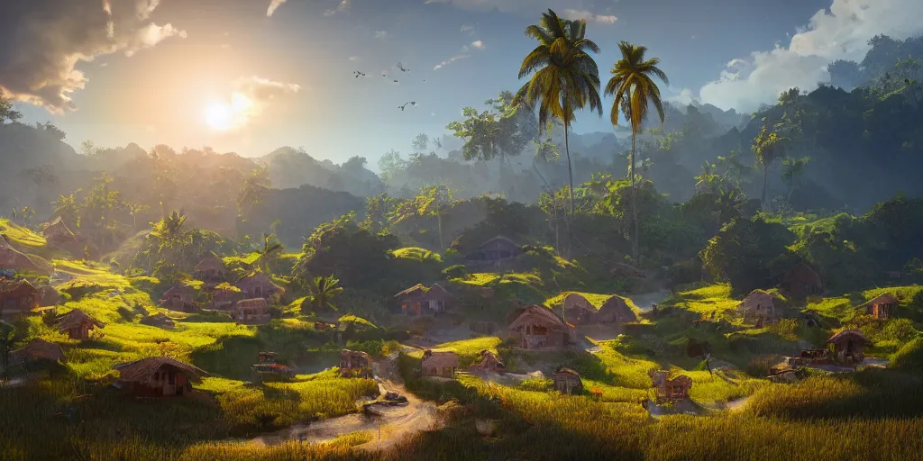 Prompt: lively sunny landscape of a kerala village realistic detailed digital art by maxwell boas jessica rossier christian dimitrov anton fadeev trending on artstation, zaha hadid, cgsociety, rendered in unreal engine 4 k hq