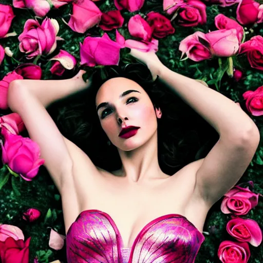 Image similar to fine art photo of the beauty gal gadot, she is on the floor and merging from pink roses, taken by oleg oprisco