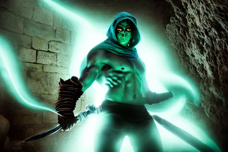 Image similar to vfx film, photorealistic render, soul reaver, raziel irl, price of persia movie, missing jaw, hero pose, devouring magic souls, scarf, hood, glowing green soul blade, in epic ancient sacred huge cave temple, flat color profile low - key lighting award winning photography arri alexa cinematography, hyper real photorealistic cinematic beautiful, atmospheric cool colorgrade