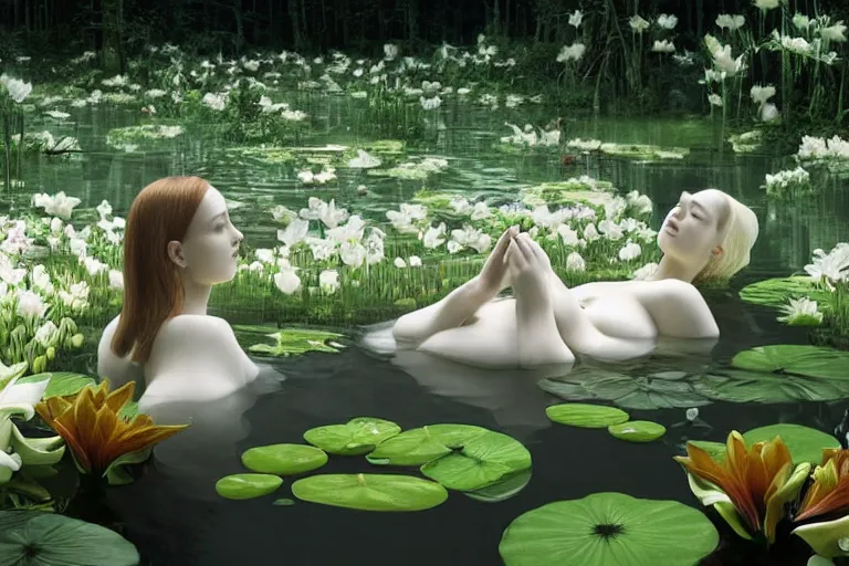 Image similar to hyperrealistic cinematic 3 d scene of a woman's porcelain face floating in a pond, surrounded by a forrest of lillies, deep focus, intricate, elegant, highly detailed, matte, sharp focus, by bill henson and gregory crewdson and james jean and daniel arsham