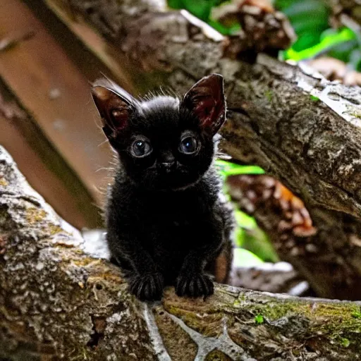 Image similar to a photo of a bat kitten sitting in the forest