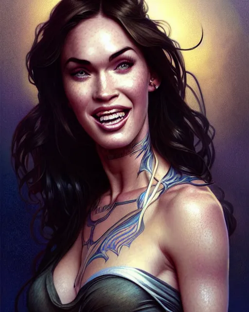 Prompt: portrait of megan fox laughing, intricate, headshot, highly detailed, digital painting, artstation, concept art, sharp focus, cinematic lighting, illustration, art by artgerm and greg rutkowski, alphonse mucha, cgsociety