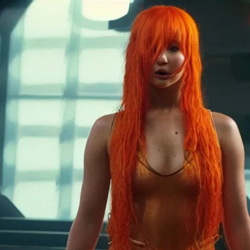 Image similar to still of Jennifer Lawrence as orange-haired Leelu in a remake of The Fifth Element (2029)