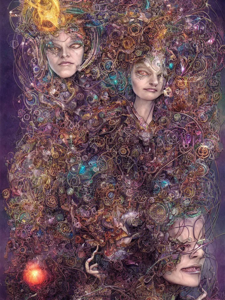 Image similar to an ancient mystical alluring female shaman generating flowing energy and surrounded by wisps of incense smoke meditating in a cybernetic robot temple , face face face, by android jones and brian froud