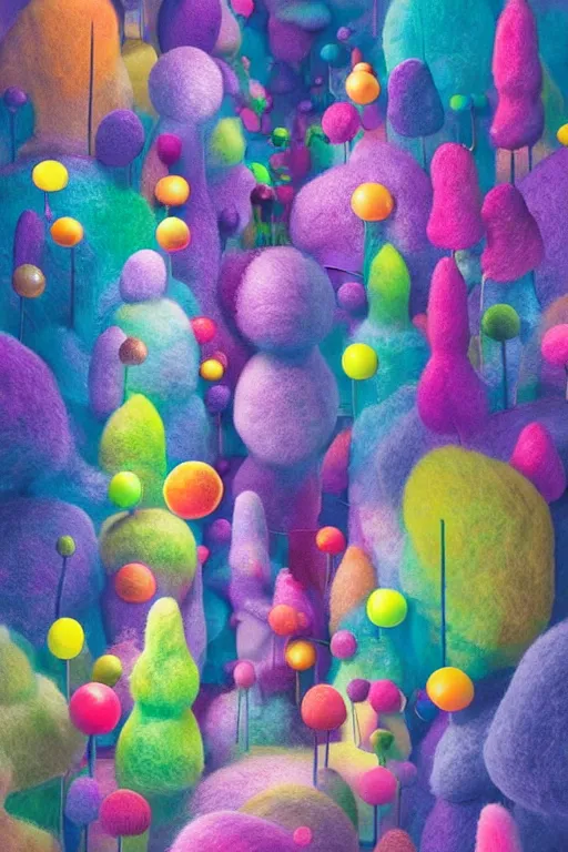 Prompt: a matte digital painting of a candy forest at night, bokeh, bright colours, watercolor, volumetric wool felting, macro photography, children illustration, by alex grey and goro fujita