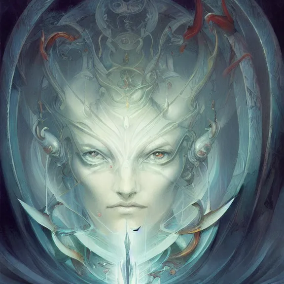 Image similar to a highly detailed beautiful portrait in the style of peter mohrbacher and in the style of jean delville. glowing runes of magical power.