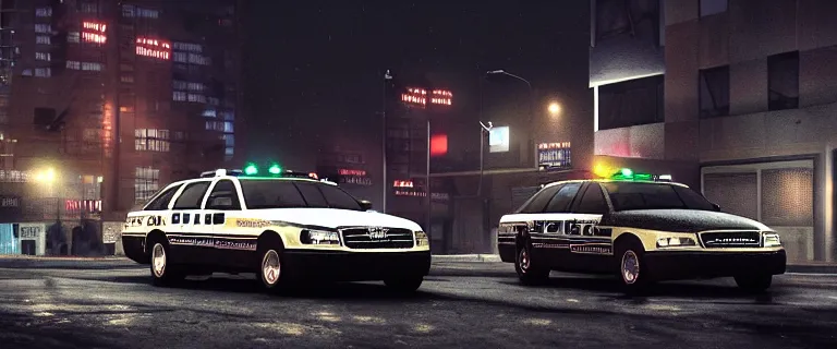 Image similar to NYPD Ford P71 Crown Victoria (2002) police cars chasing a Audi A4 B6 Avant (2002), a gritty neo-noir, dramatic lighting, cinematic, establishing shot, extremely high detail, photorealistic, cinematic lighting, artstation, by simon stalenhag, Max Payne (PC) (2001) winter new york at night, eldritch horror