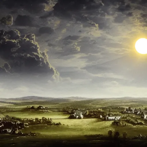 Image similar to dark solar eclipse, above a village, highly detailed, studio 4 k quality, by constable john