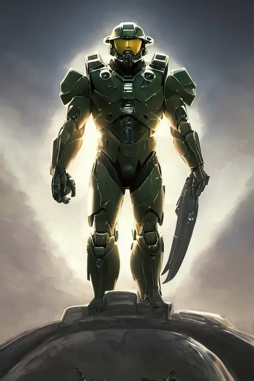 Image similar to portrait of master chief with a halo behind him, catholic religious art, sacred, halo, strong, imposing, biomechanical, by moebius and greg rutkowski and artgerm, octane render, trending on artstation