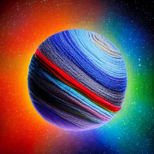 Prompt: colorful ball of yarn as a planet, rubber bands, nasa photo, intricate, 8 k highly professionally detailed, hdr, cgsociety
