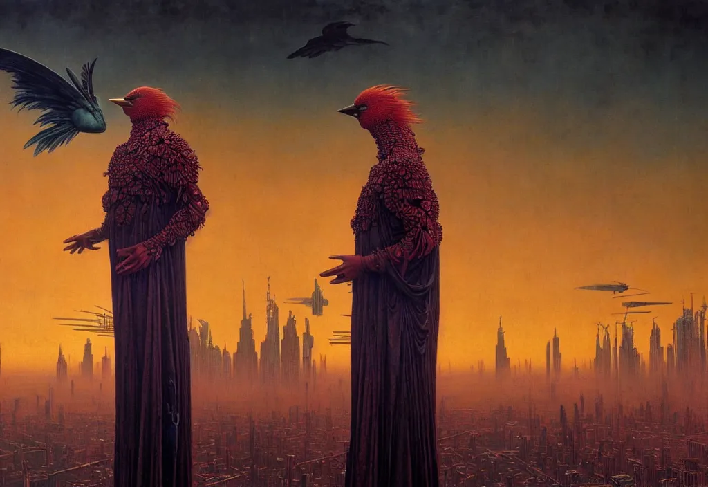 Image similar to realistic detailed portrait movie shot of a birdman wearing dark ragged robes, futuristic city sunset landscape background by denis villeneuve, amano, yves tanguy, alphonse mucha, ernst haeckel, max ernst, roger dean, rich moody colours, cinematic closeup