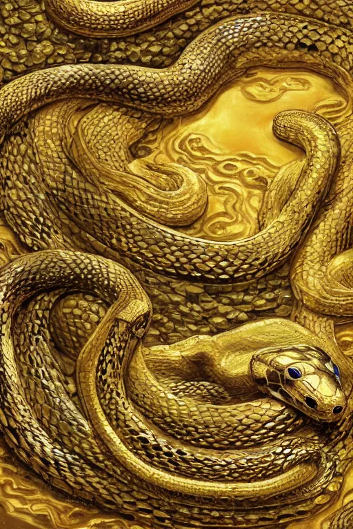 Prompt: A snake god the size of a city, with a gleaming crown of gold. The snake is crying a waterfall into a lake.