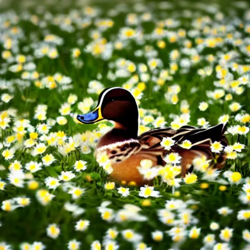 Image similar to a duck in a field of daisies on a bright sunny day, duck surrounded by daisies, with clouds in the sky, lots of little daisies in the field, spring, nature, beautiful, disney pixar style
