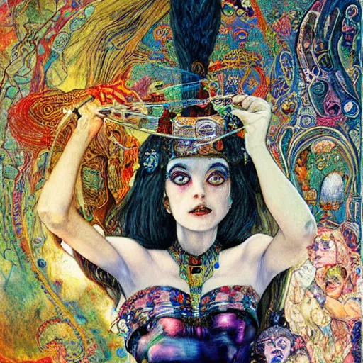 Prompt: cleopatra in alice in wonderland tripping on lsd, intricate detail, painting, royo, frazetta, whealan, klimt,