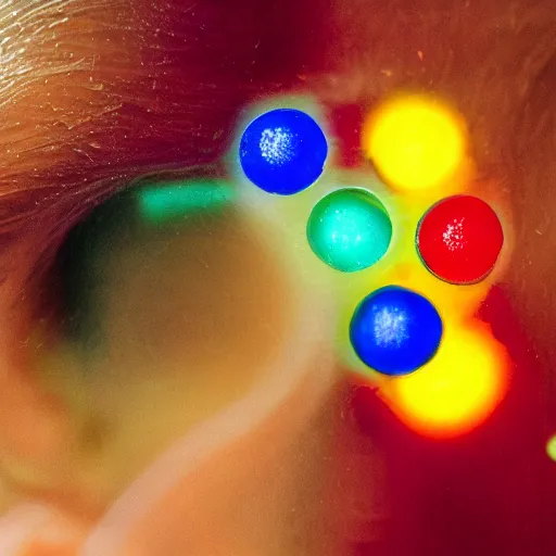 Image similar to an orbeez glowing inside a person's ear, macro detail in the style of dana schutz