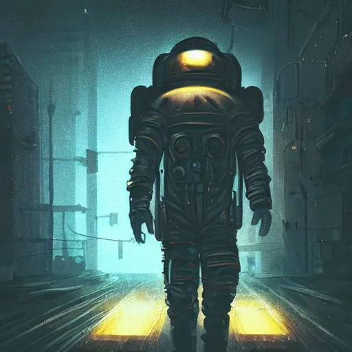 Prompt: astronaut wandering around a cyberpunk dystopian gotham city, foggy and atmospheric, night, starry sky, glowing lights, photorealism, oil painting,