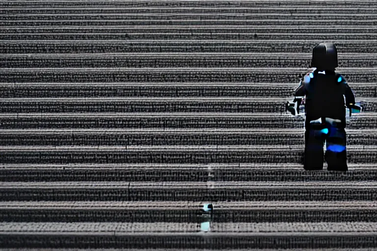 Prompt: a small faceless figure walking down a darkened stairway made of lego, horror film