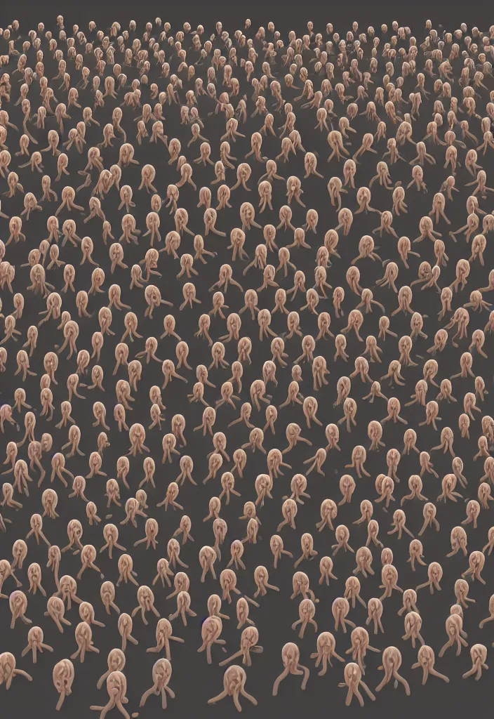 Image similar to a portrait of a spaghetti monster with 100 human heads, flat design, screen print, 8k unreal engine