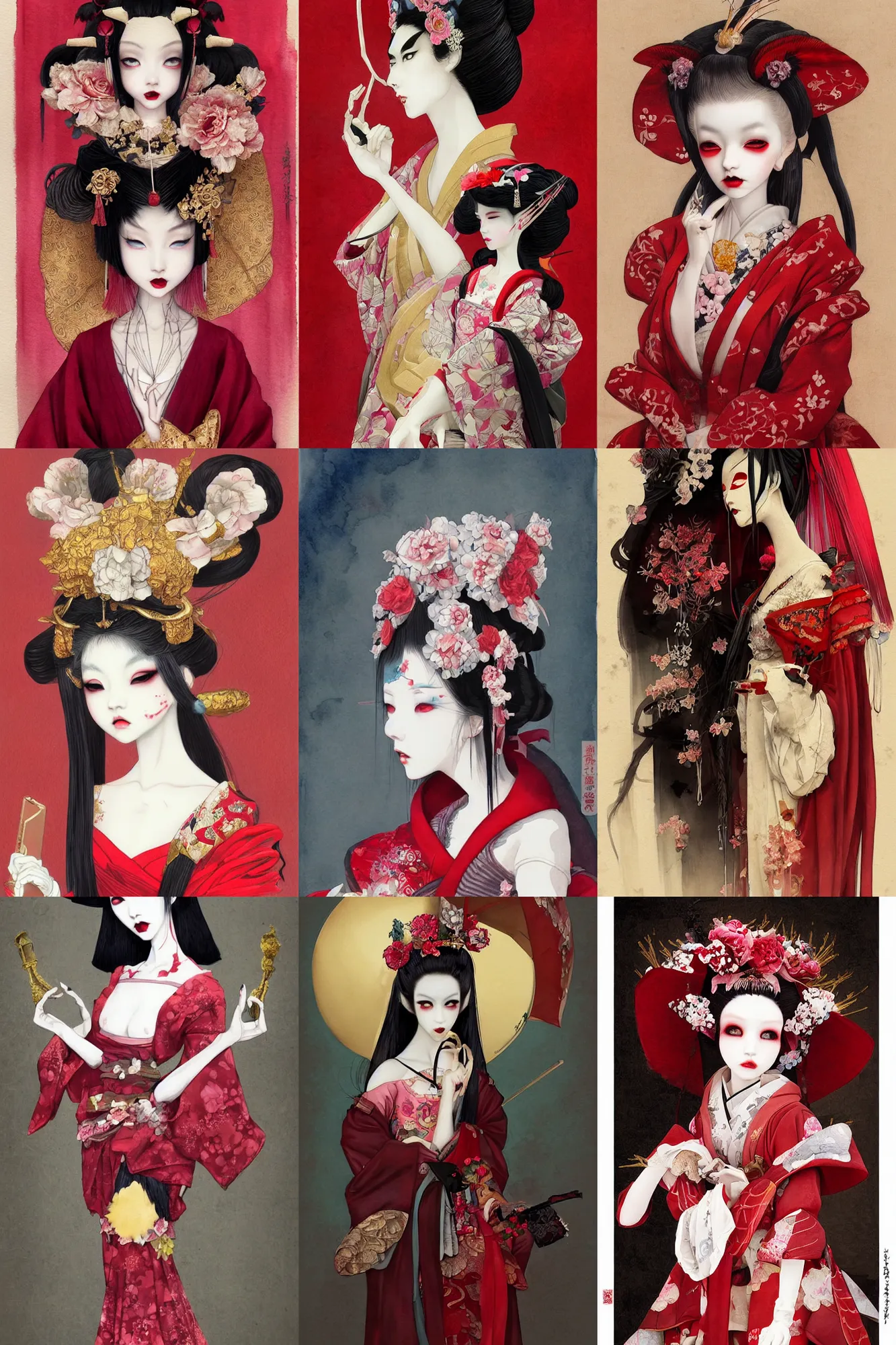 Prompt: watercolor painting of an avant - garde japanese bjd geisha vampire queen with a long neck in a lolita fashion red dress and a men - yoroi, painted by z. w. gu, amy sol, tom bagshaw, intricate detail, artstation, artgerm, in the style of dark - fantasy, rococo, gold leaf art, red flowers