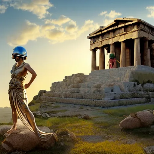 Image similar to tiny greek goddess in steel helmet standing on a giant greek bearded male head, greek temple of olympus glory island, late afternoon light, wispy clouds in a blue sky, by frank lloyd wright and greg rutkowski and ruan jia