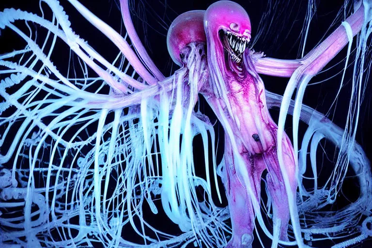 Prompt: jellyfish as xenomorph queen, psycho stupid fuck it insane, looks like death but cant seem to confirm, cinematic lighting, bioluminescence fluorescent phosphorescent, various refining methods, micro macro autofocus, ultra definition, award winning photo, to hell with you, glowing bones, devianart craze, photograph by gammell giger