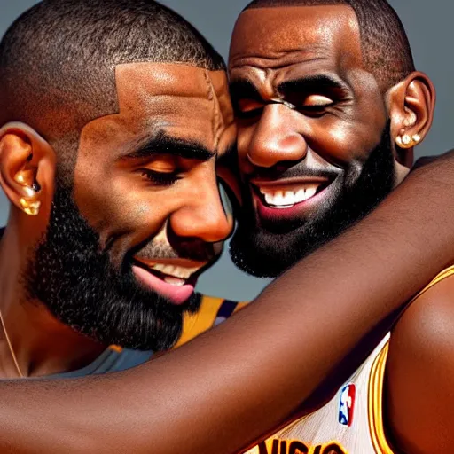 Image similar to beautiful serene intricate portrait of kyrie irving and lebron james taking a selfie, smiling softly, relaxing on the beach, golden hour, soft focus, 8 k, art by irakli nadar, hyperrealism, hyperdetailed, ultra realistic